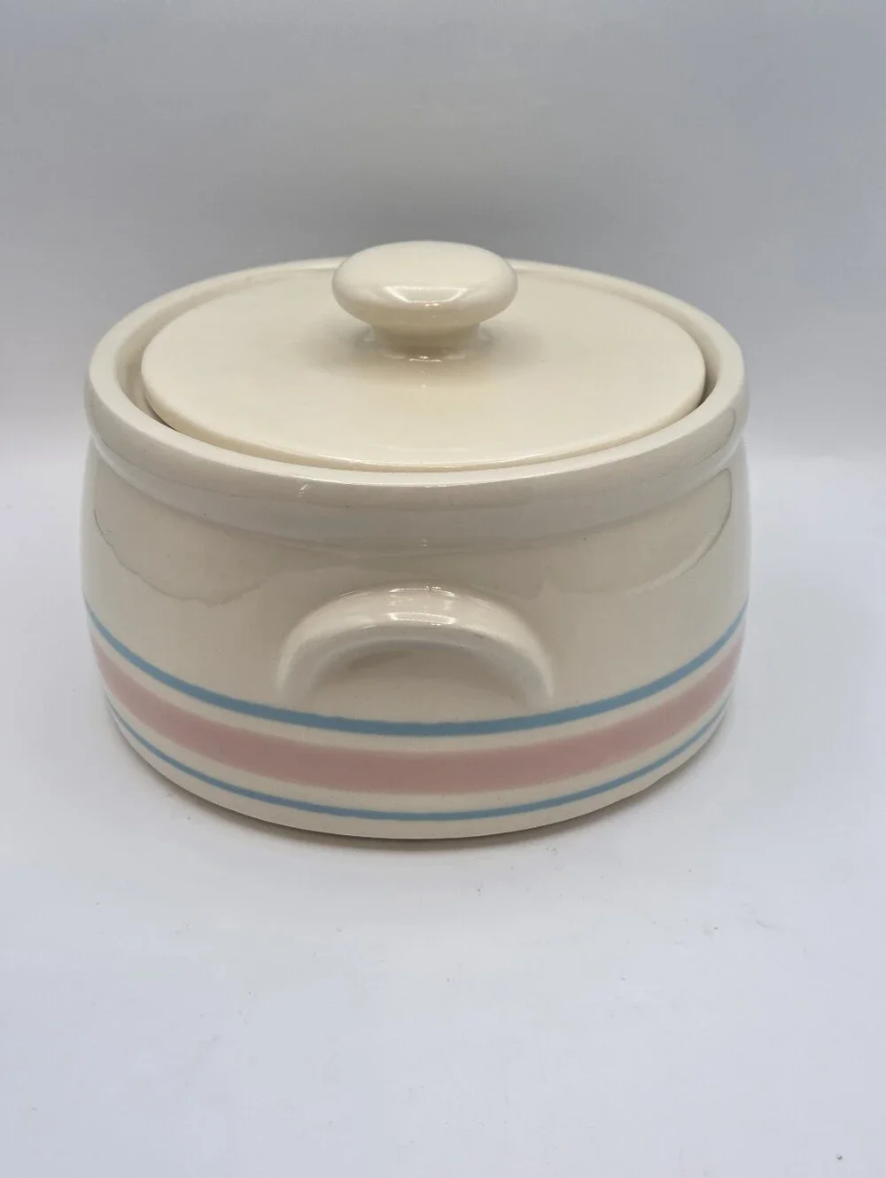 McCoy 1421 Pink & Blue Stripes Lidded Bean Pot Casserole - Picture 2 of 7